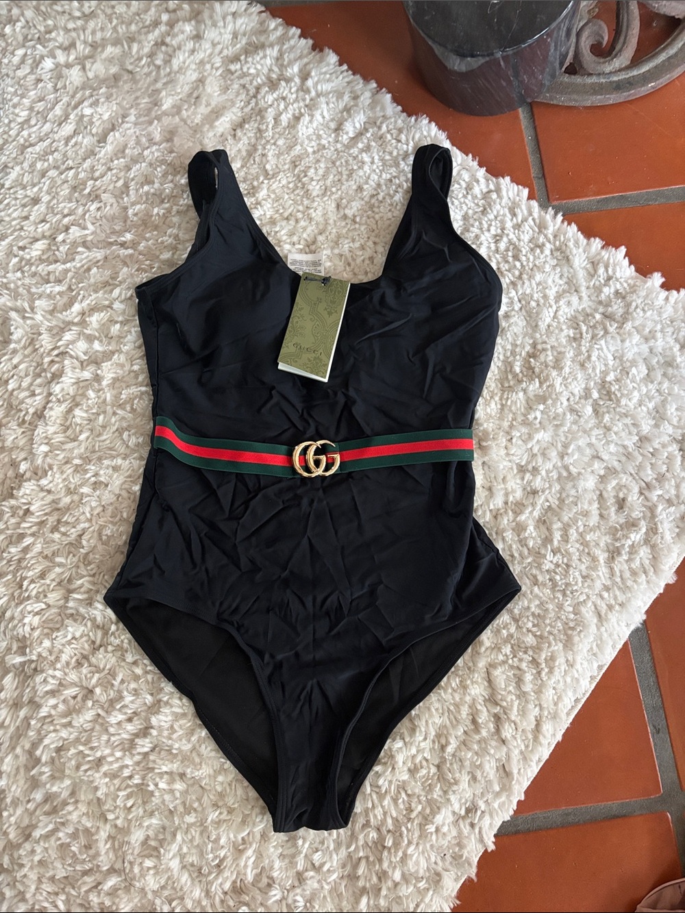 Black One-Piece Swimsuit with Green-Red Stripe Belt women's swimsuit gorgeous on